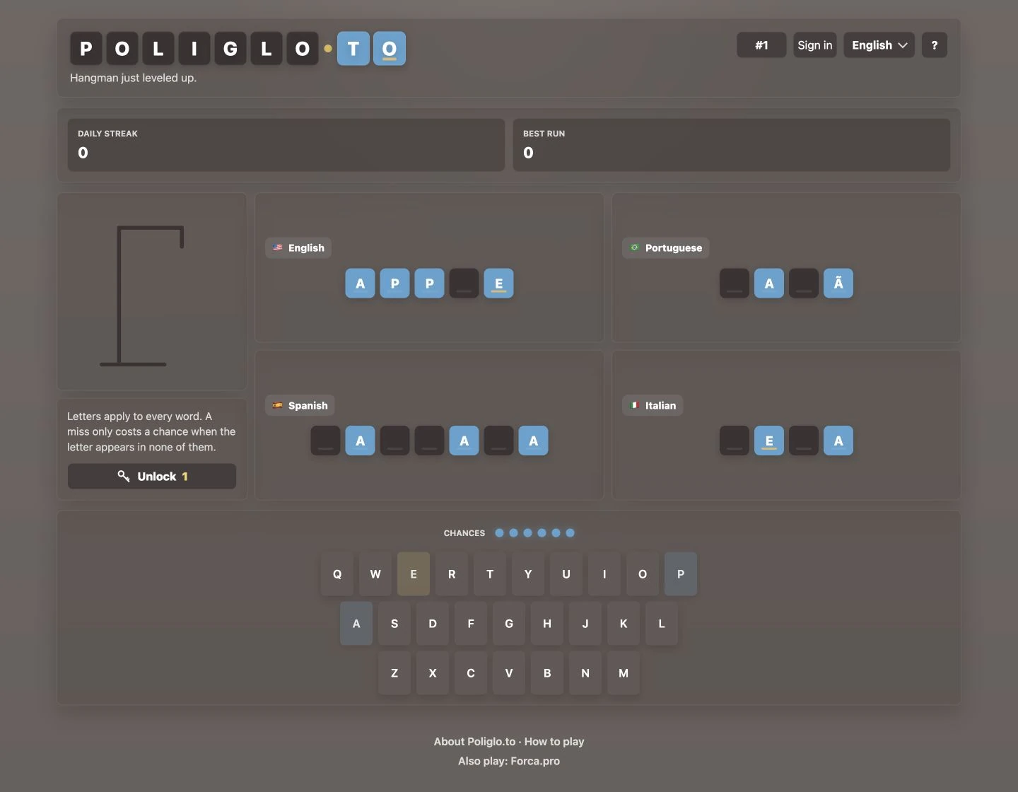 Poliglo.to in a desktop browser, showing a multilingual challenge, available chances, and the letter keyboard.