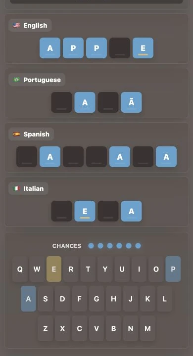 Poliglo.to’s mobile game board with translations arranged in letter tiles.